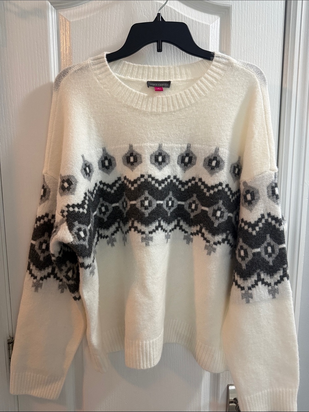 Vince Camuto Ivory Crewneck Sweater with Gray Fair Isle Pattern